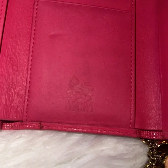 Authentic MCM Pink Leather Studded LogoMotifs Trifold Wallet with keychain EUC
